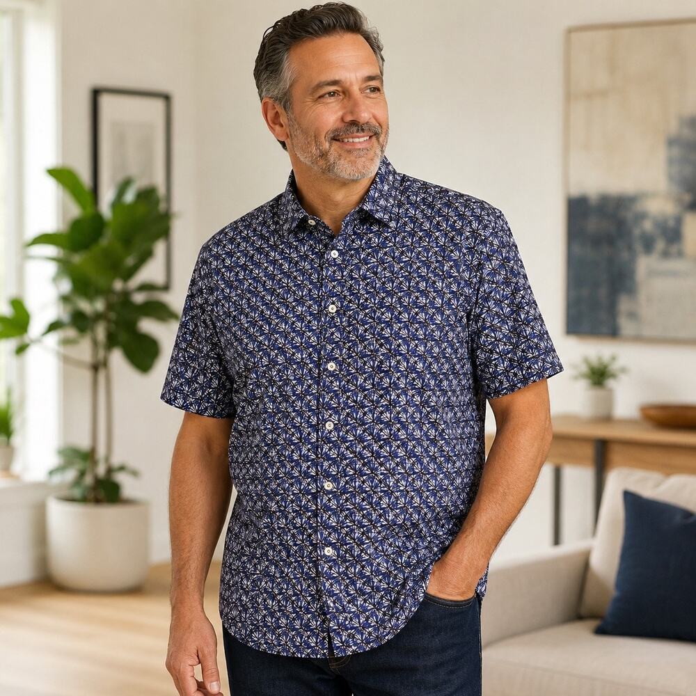 Bugatchi OoohCotton Tech Shirt Men XXL Blue Geometric 8 Way Stretch Short Sleeve